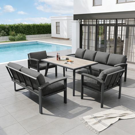 Seyakany Ensemble salon de jardin pour 8 personnes,structure en corde,canapé d'angle de patio extérieur avec pieds réglables,table imitation bois,gris (1/5)