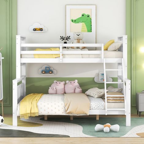 Lit superposé enfant 90x200 + 140x200 cm avec sommier inclus, transformable en 2 lits séparés, échelle et barrières de sécurité en bois blanc, sans matelas (1/5)