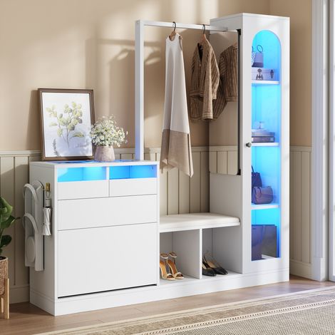Mueble de entrada 6 en 1 LED - cómoda con perchero, barra para colgar ropa, banco y zapatero, vitrina de cristal - Blanco