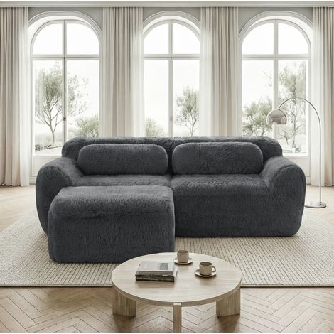 Canapé d'angle modulable 204x179x73 cm en tissu peluche gris, gain de place pour salon FloraGrace (1/5)