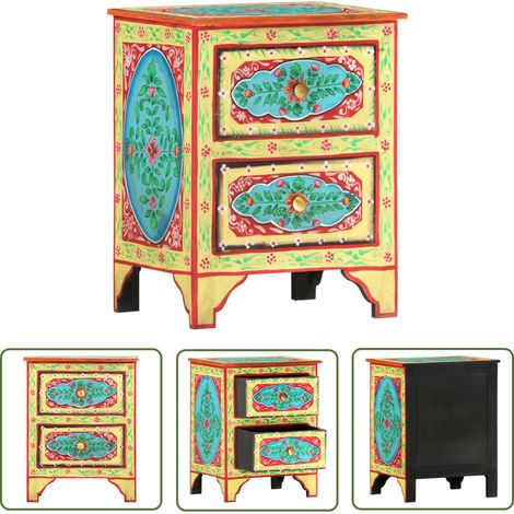 The Living Store Table de chevet peinte à la main 40x30x50 cm Bois de manguier - Table De Chevet - Meuble De Chambre - Table Nuit - Décoration Intérieure - Mobilier Vintage (1/5)