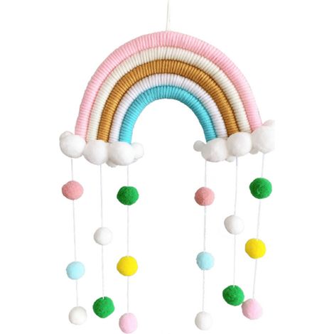 Guirlande Murale Arc-en-Ciel en Macramé - Décoration pour Chambre d'Enfant et Nursery - Boules en Fourrure Ajustables - 1 Pièce (1/5)