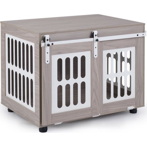 Meuble cage pour chien avec porte coulissante style grange, panneaux métal, plateau de rangement, pour salon (1/2)
