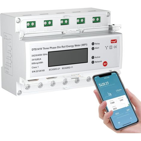 Compteur Énergie Intelligent 3 Phases DIN Rails LCD Digital Counter Consommation Énergie Monitor Meter 80A 230-400V Support Assistant App Remote Contro