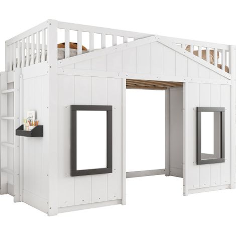 Lit maison enfant 90x200cm escalier barrière pin MDF blanc
