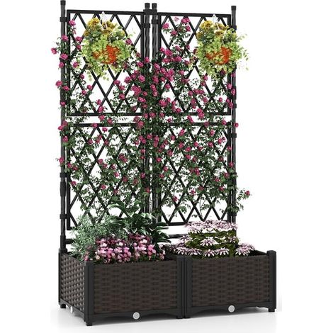 Fioriera con traliccio su supporto, doppia fioriera in rattan PP autoirrigante con foro di drenaggio a rete a rombi, aiuola, 80 x 40 x 126 cm (1/5)