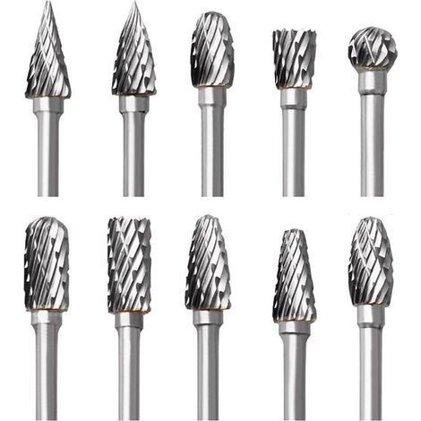 Tungsten Carbide Burr Set, 10 Pieces Double Cut Rotary Burrs with 1/8" Shank for Wood Carving, Engraving, Drilling, Polishing, Metalworking (1/5)