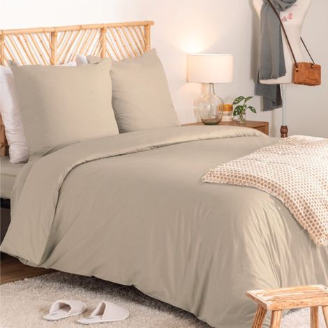 Parure de Lit 3 Pièces "Percale" 260x240cm Beige Lin (1/4)
