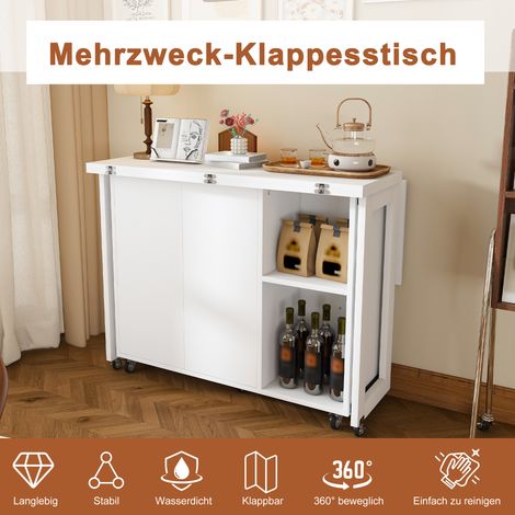 Mesa de comedor plegable multiusos, blanca, con ruedas giratorias de 360° con bloqueo, utilizable como mesa de comedor, aparador y mesa de centro con amplio espacio de almacenamiento (Mesa de comedor  (1/5)