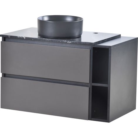 Hängender Badschrank 80 cm mit Keramikwaschbecken, 2 Schubladen, schwarz und grau (1/5)