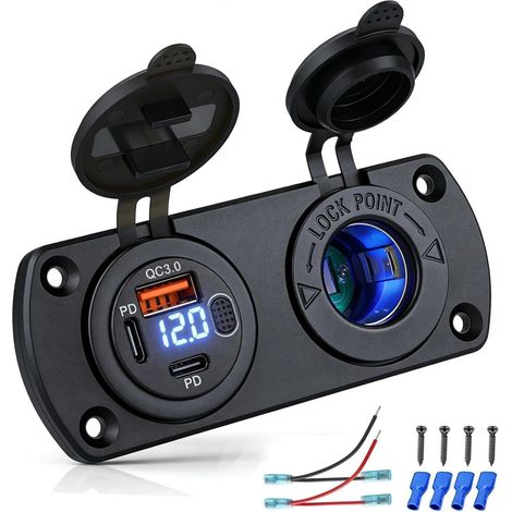 12-V-2-in-1-Steckdose für Wohnmobil, Boot, Auto, 2 x PD 3.0 30 W + 36 W & 1 x QC 3.0 18 W, mit blauem LED-Voltmeter und Schalter, IP65 wasserdicht, 150-W-Zigarettenanzünderbuchse