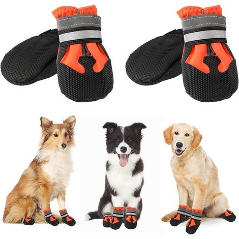Zapatos protectores 4 piezas, impermeables antideslizantes, correas ajustables tiras reflectantes proteger patas perro, Color naranja, Talla XXL (1/5)
