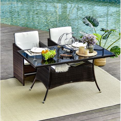 Table de jardin 150x85x74 cm en polyrattan brun et verre noir, stable pour terrasse – MEUBLIV (1/5)