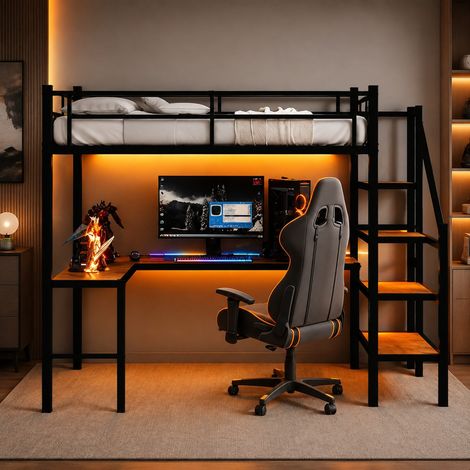 Lit mezzanine 90x190 cm en métal noir avec bureau, gain de place, sans matelas – MEUBLIV (1/5)
