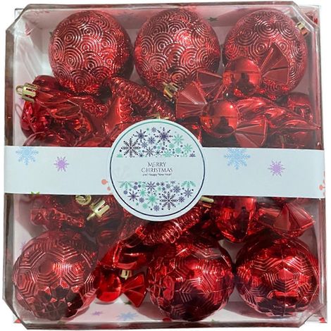 28 Stück/Box Festliche Baumdekorationen, speziell geformte Weihnachtskugeln, bruchsichere Kunststoffornamente, Partygeschenk, Rot (1/5)