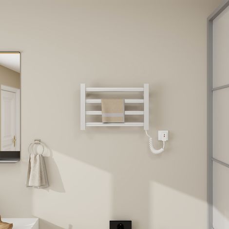 Porte-serviettes chauffant électrique intelligent 550x300mm, étanche IP24, réglage de la température 30 ℃-70 ℃, synchronisation - blanc droit (1/4)