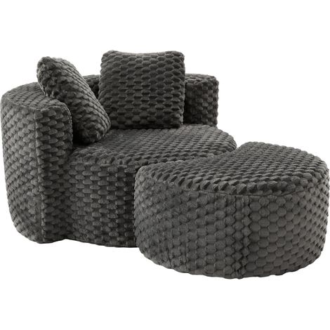 Fauteuil rond avec pouf en tissu gris foncé, design 360° compact, assise ergonomique, sans montage, idéal salon chambre coin lecture lounge CHICFURN (1/5)