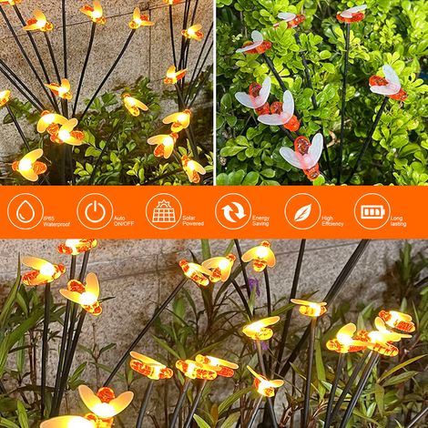 Ortviai Lampes solaires décoratives en forme d'abeilles pour jardin – 2 pièces, 6 têtes, IP65, lumière chaude, ABS et acier inoxydable (1/4)