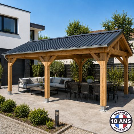 Carport bois 2 pentes en bois douglas 21 m², 6 poteaux avec pieds de poteaux réglables. Abri voiture extérieur. Garantie 10 ans. (1/5)