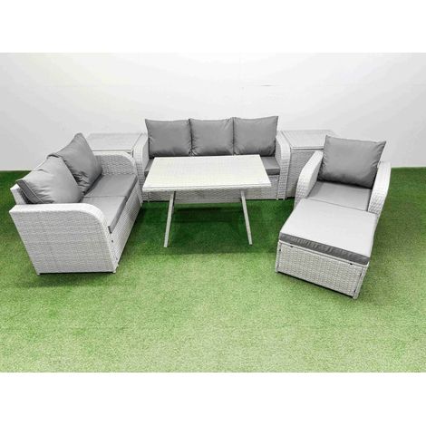 Fimous Rattan High Back Lounge Sofa Set Patio Dining Table & Chairs Set with 3 Seater Sofa Reclining Chair 2 Side Tables Big Stool Light Grey (1/4)