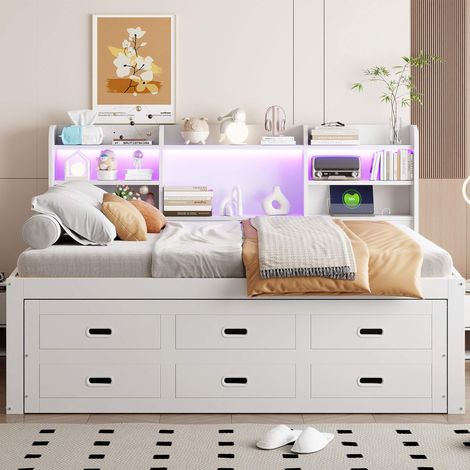 Lit banquette 140x200 cm avec sommier à lattes, lit gigogne extensible 91x191 cm, canapé-lit avec LED, tiroirs, USB et Type-C, rangement intégré, blanc (1/5)