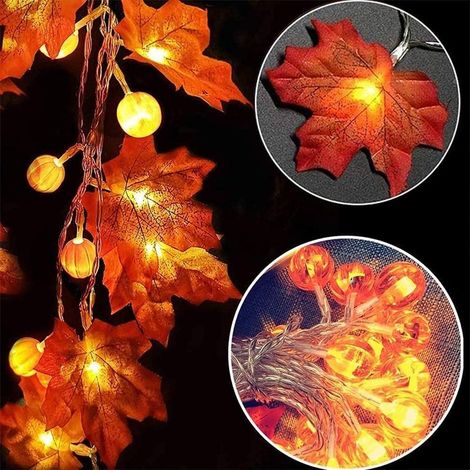 Décorations de Thanksgiving de lumière de Chaîne de Citrouille de Feuilles d'érable de LED,Guirlande d'automne imperméable avec la décoration extérieure d'intérieur de lumières (1.5m 10 lumières) (1/4)