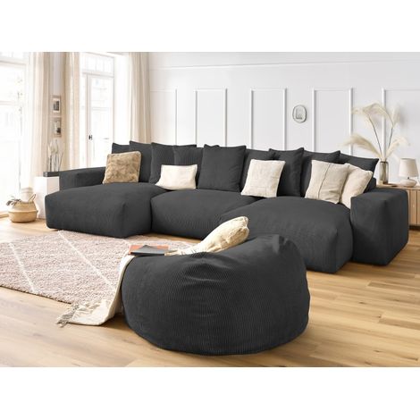 BOBOCHIC - Canapé panoramique fixe VOLTAIRE velours côtelé avec pouf Panoramique Gris foncé (1/5)