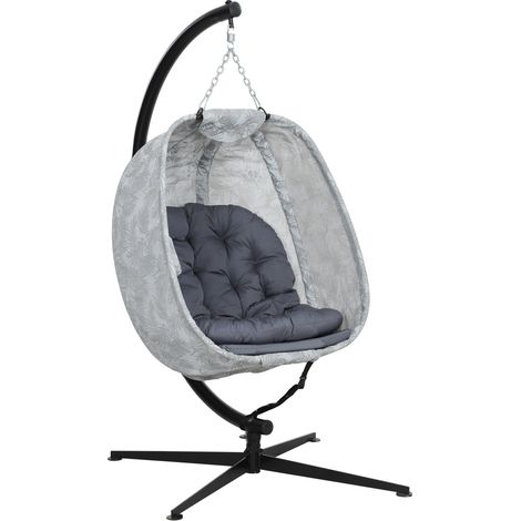 Fauteuil suspendu œuf avec support – Balancelle pliable, coussin épais 13 cm + coussin de sol, tissu Textilène, cadre en acier – Idéal pour jardin, terrasse et intérieur – Gris