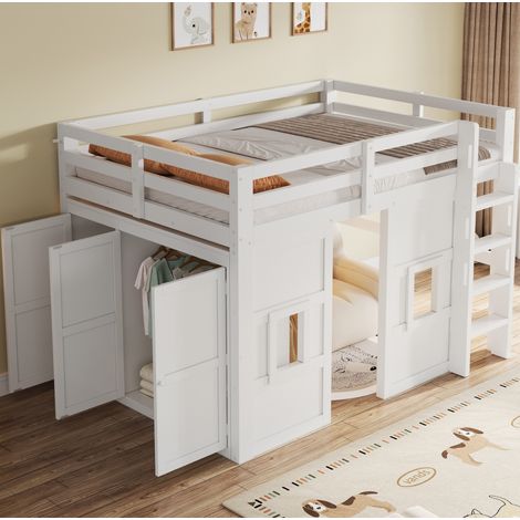 Lit mezzanine 140x200 cm avec armoire intégrée, 2 fenêtres et LED, structure stable en bois blanc