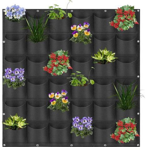 Sac pour plante mural,Sacs de plantation à suspendre à 36 poches verticales à fixation murale pour plantes aromatiques de jardin d\'intérieur ou d\'extérieur (1 m x 1 m, noir) - RWSac pour plante mura (1/4)
