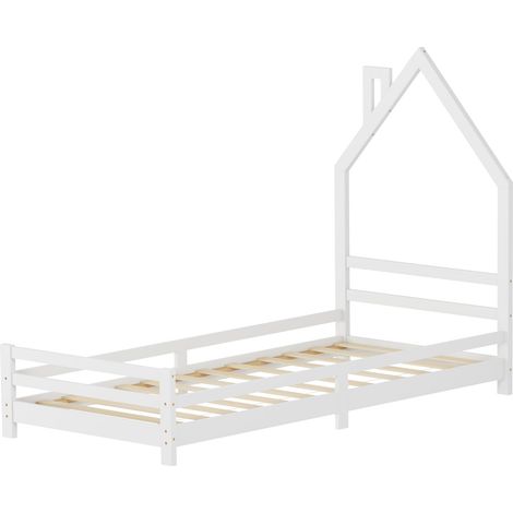 ML-Design Cama Infantil con Forma de Casita 90 x 200 cm de Madera de Pino Color Blanco, Cuna Individual para Niño con Somier de Láminas y Diseño Casa con Chimenea, Litera Maciza Juvenil de Juego (1/5)