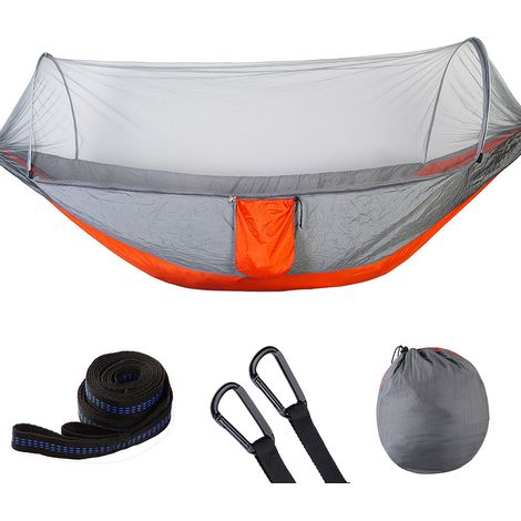 Double hamac portable de voyage avec moustiquaire, lit suspendu pour camping (Gris Orange) (1/5)