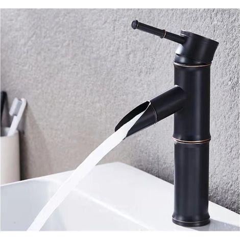 Robinet en forme de bambou, mitigeur de lavabo cascade, monotrou eau chaude et froide, noir (hauteur : 208 mm) (1/5)