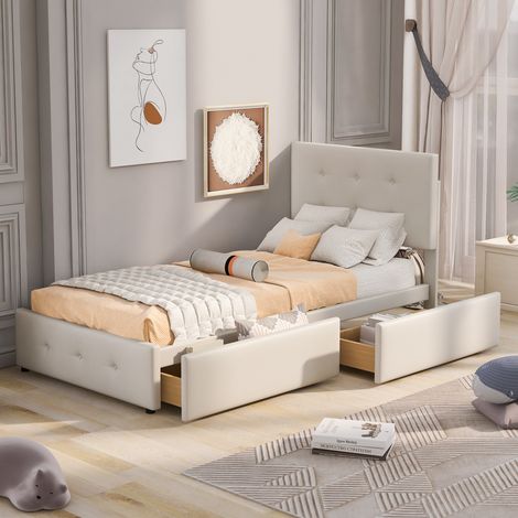 Kinderbett 90x200 cm Leinen mit höhenverstellbarem Kopfteil, 2 Schubladen und Lattenrost, Skandinavischer Stil, Beige