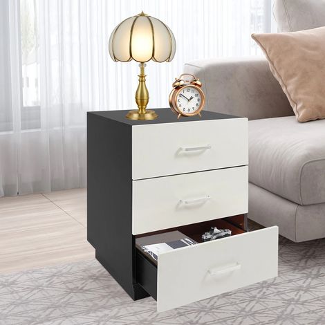 Meuble de rangement moderne, Sur pied, table de chevet à 3 tiroirs, Table Basse, pour Chambre à Coucher, Salon, noir+blanc chaud, 40 x 40 x 58 cm