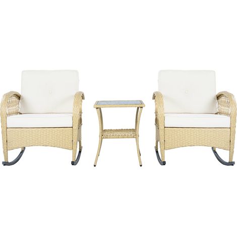 ELVMI Salon de Jardin avec 2 Fauteuils à Bascule et 1 Table Basse, Rotin, Tissu Imperméable et Métal, Beige (1/4)