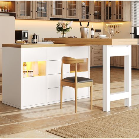 Isola cucina allungabile 120-197 cm, girevole a 360° con LED RGB, bianca HAVRYA (1/5)