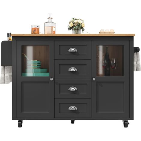 Îlot de cuisine 120 × 73(45) × 93 cm, buffet et meuble de cuisine,desserte extensible sur roulettes avec porte-serviettes,étagère à épices,étagères réglables,deux portes et quatre tiroirs, blanc/noir