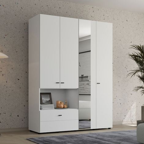 Armario Grande Omete, Ropero Dormitorio 4 Estantes, un Cajón, Barra Colgador, 155x208h cm Blanco Mate (1/5)
