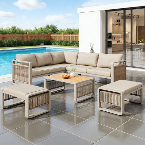 Seyakany Ensemble de Salon de jardin en corde tressée à la main,pour 6-7 personne,Canapé extérieur d'angle avec chaises longue,pieds réglable(beige)