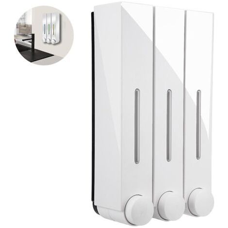 Distributeur et organisateur de pompe de douche murale à 3 têtes pour salle de bain - Contient shampooing, savon, revitalisant, gel douche, lotion - Chambres transparentes, Push-bu (blanc)