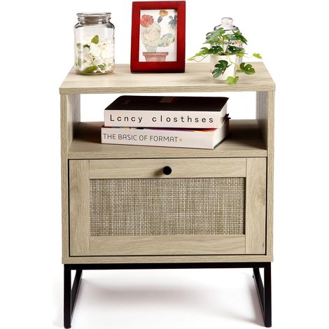 Table de chevet en chêne naturel avec tiroirs à décoration rotin pour chambre (1/5)