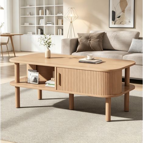 Couchtisch aus MDF 110 x 55 x 45 cm, Naturfarbe, mit Schiebetuer und zweistufigem Stauraum (1/5)