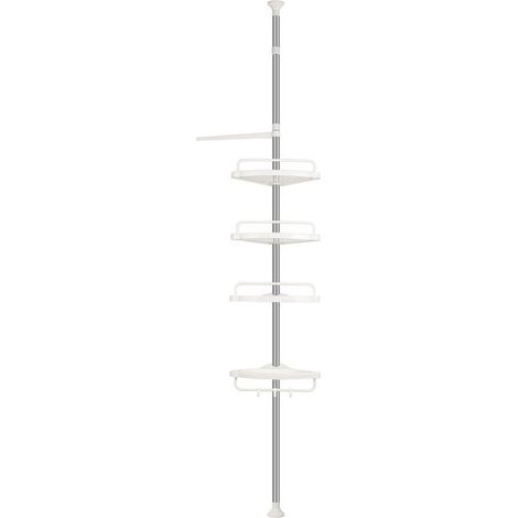 Etagère télescopique de douche avec 4 crochets serviettes, hauteur réglable 254-304cm, blanc (1/4)