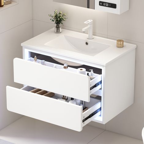 Mobile bagno sospeso in MDF e ceramica bianco 76x46x48,5 cm con lavabo integrato, 2 cassetti e luce LED con sensore (1/5)