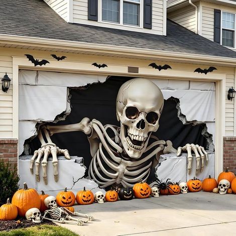 Décoration Halloween Porte Garage 7x16FT, Bannière Murale Effrayante Extérieure, Fond Photo Fête Maison Hantée (1/5)