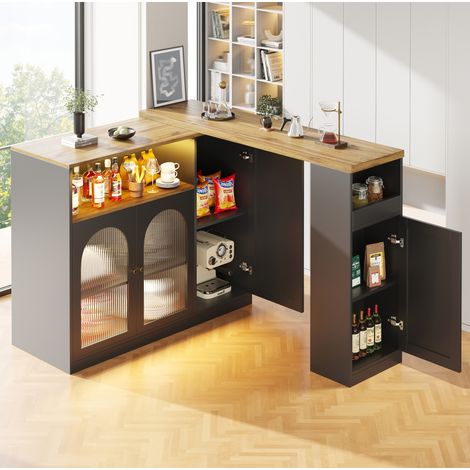 Tavolo bar girevole a 360°, mobile bar con LED, MDF nero effetto legno DESVIAE (1/5)
