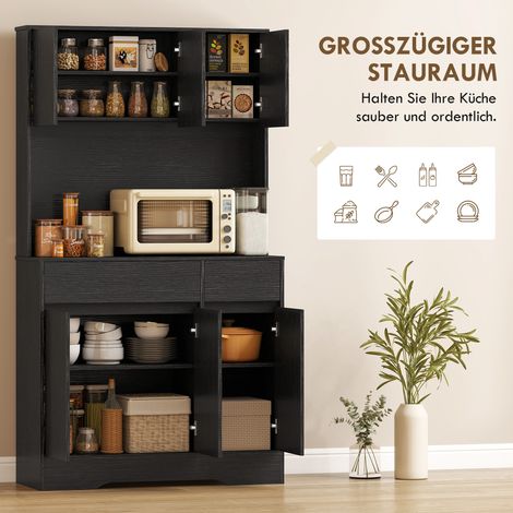 Buffet de cuisine avec plan de travail, 6 portes, meuble haut de rangement avec étagères, noir (1/4)