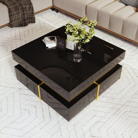Table basse haute brillance — une table d'appoint dotée de tiroirs et d'élégantes touches dorées. (1/4)