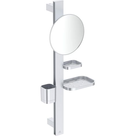 Miroir de courtoisie, Combinaison d'accessoires S, avec Miroir cosmétique Ø 205 mm (grossissement 3 Fois), en Aluminium recyclé à 100% – Argent (310.5x160x717 mm) (1/5)